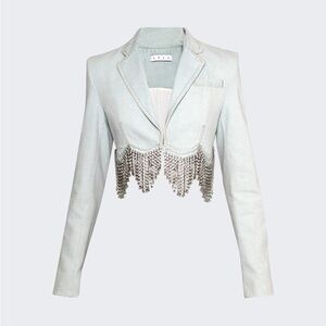 AREA Scalloped Crystal Cropped Denim Jacket